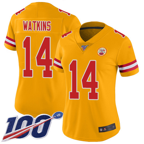 Women Kansas City Chiefs 14 Watkins Sammy Limited Gold Inverted Legend 100th Season Football Nike NFL Jersey